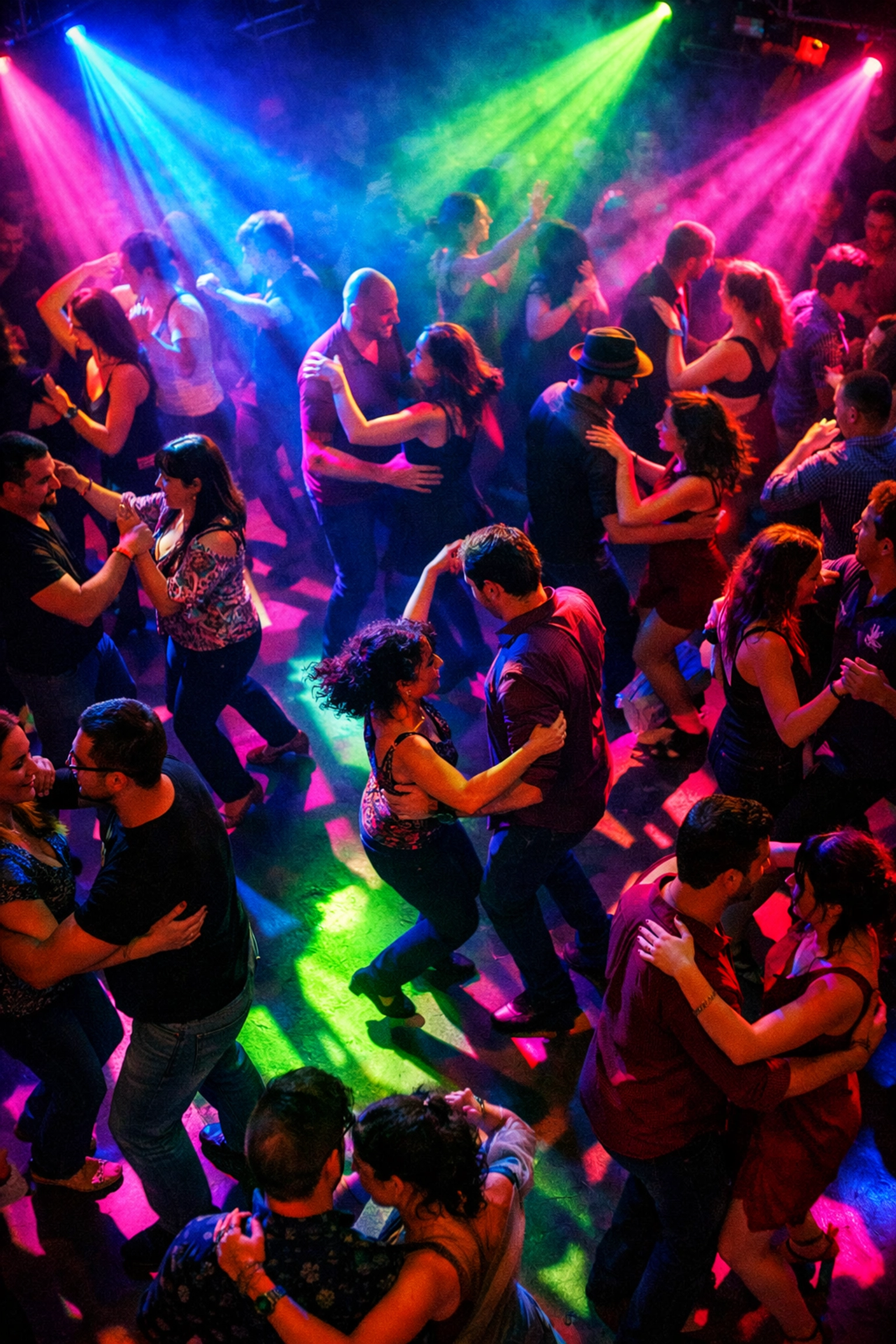 Crowded inclusive dance floor with dancers of all skill levels moving together in unity
