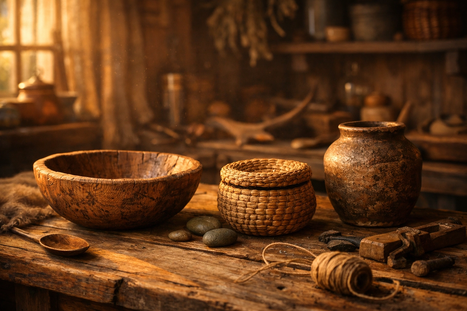 Hand-carved wooden bowl and woven basket showcasing organic modern artisan decor.