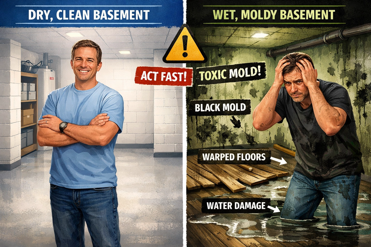 Before and after comparison showing mold damage from delayed water removal