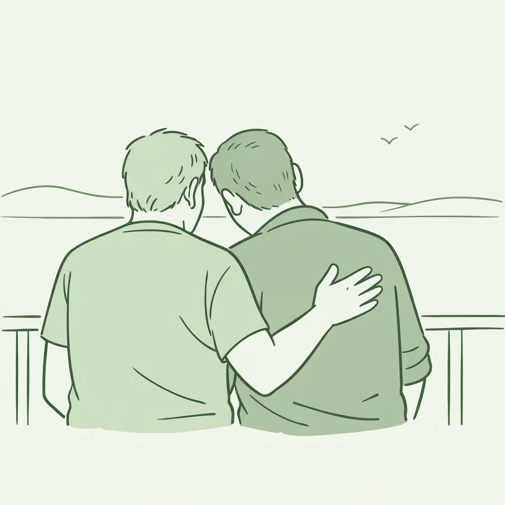 Minimalist illustration of an older MM couple sharing a quiet moment of self-acceptance and support.