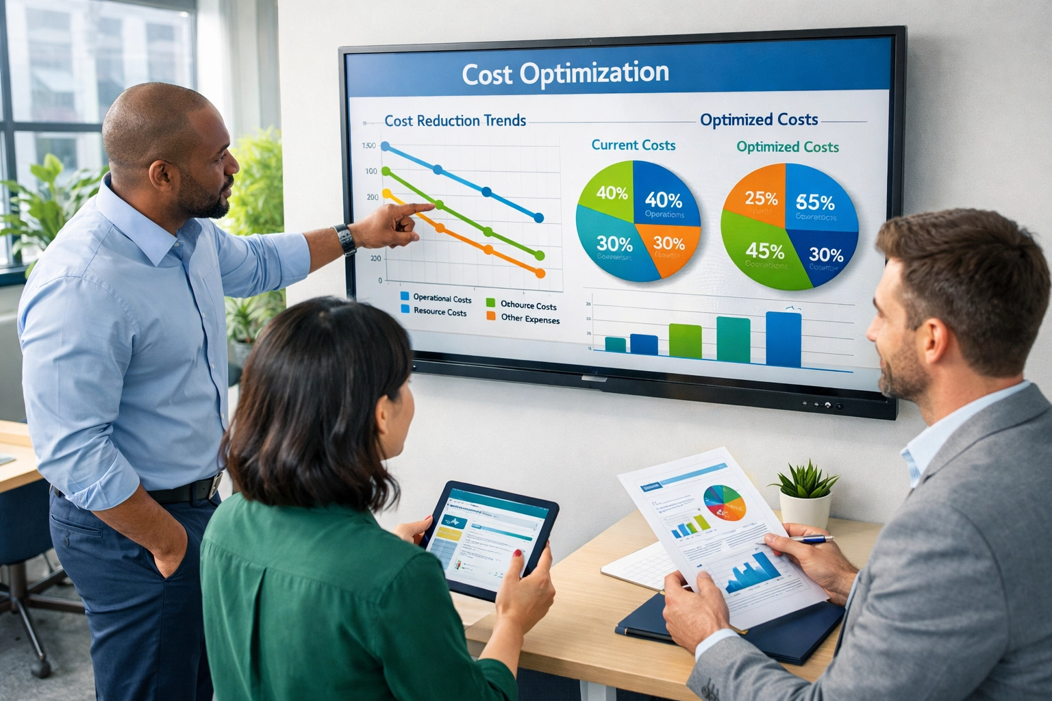 Business team analyzing ServiceNow ROI calculations and cost optimization strategies
