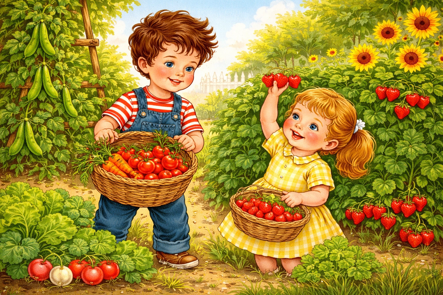 Children harvesting strawberries, tomatoes, and carrots in a vibrant edible sensory garden