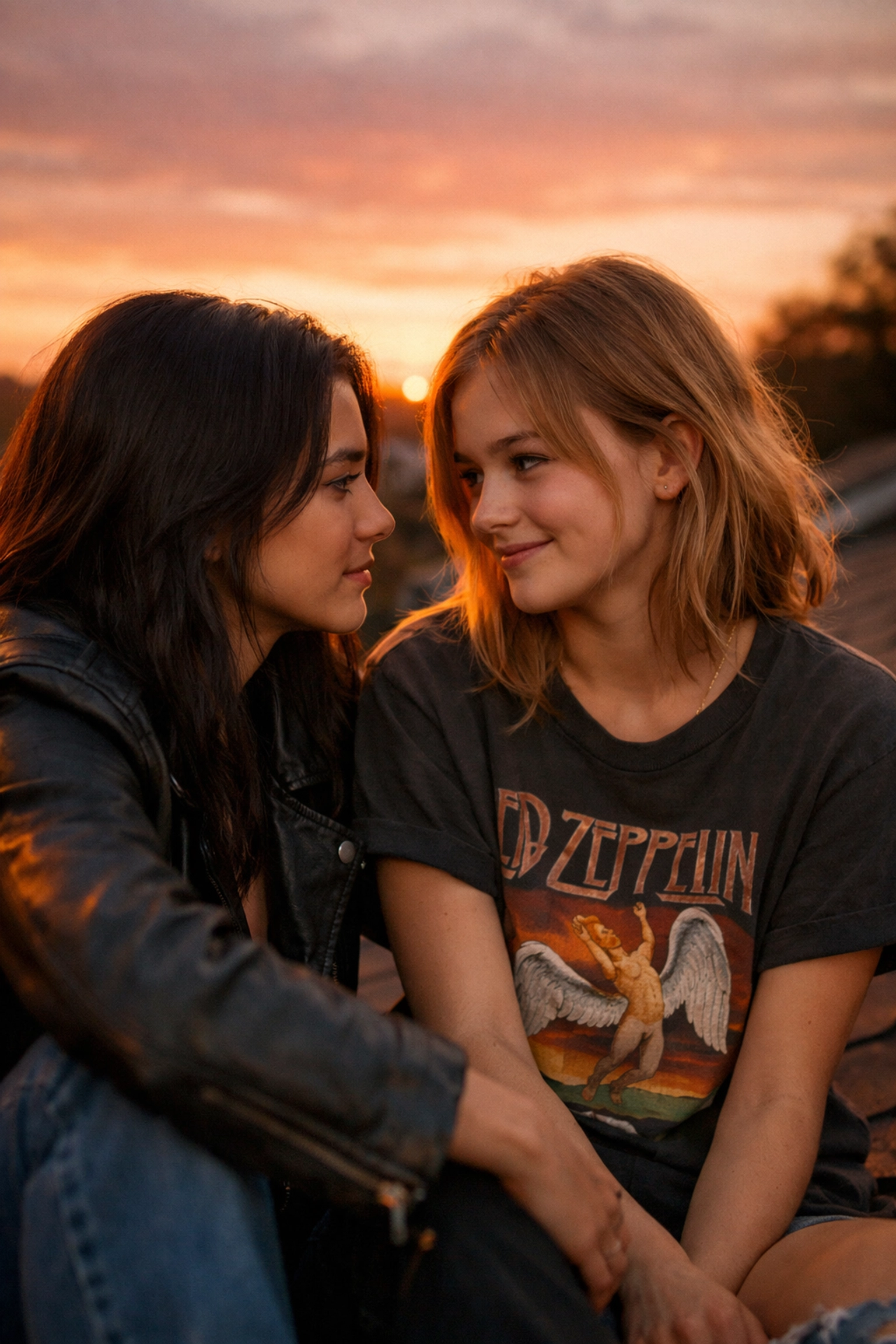 Two young women share an intimate moment on a rooftop representing LGBTQ+ love and sapphic romance