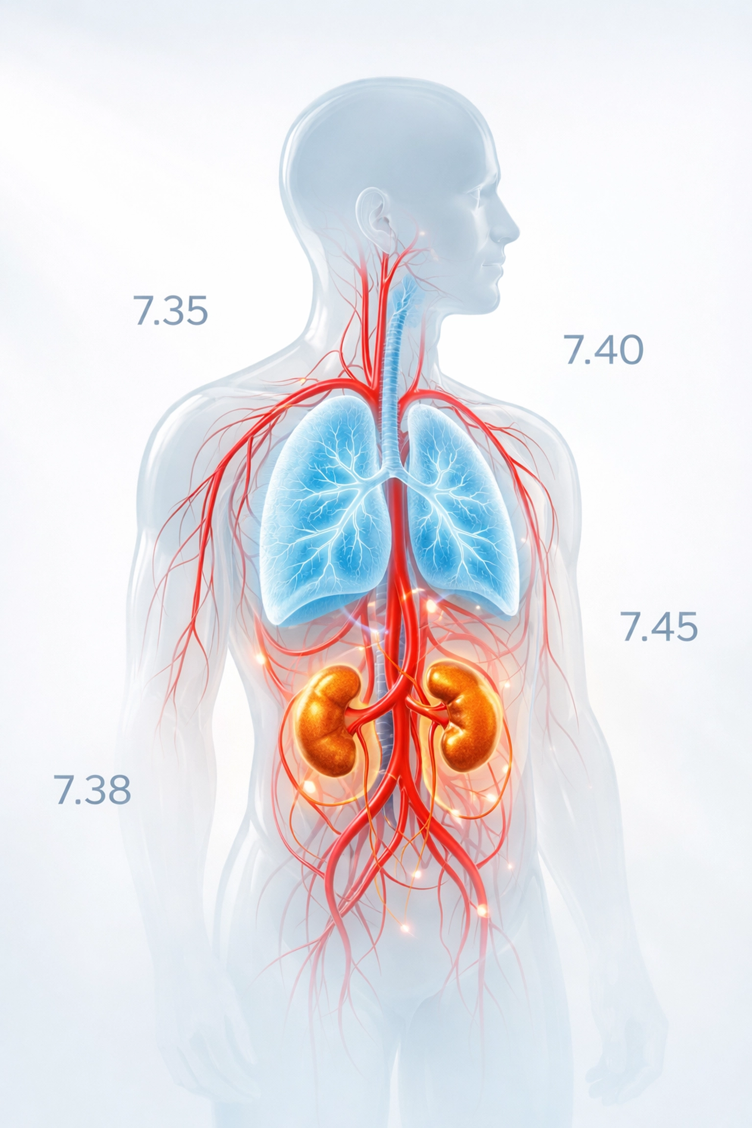 Human body diagram showing natural pH balance regulation through lungs, kidneys, and bloodstream