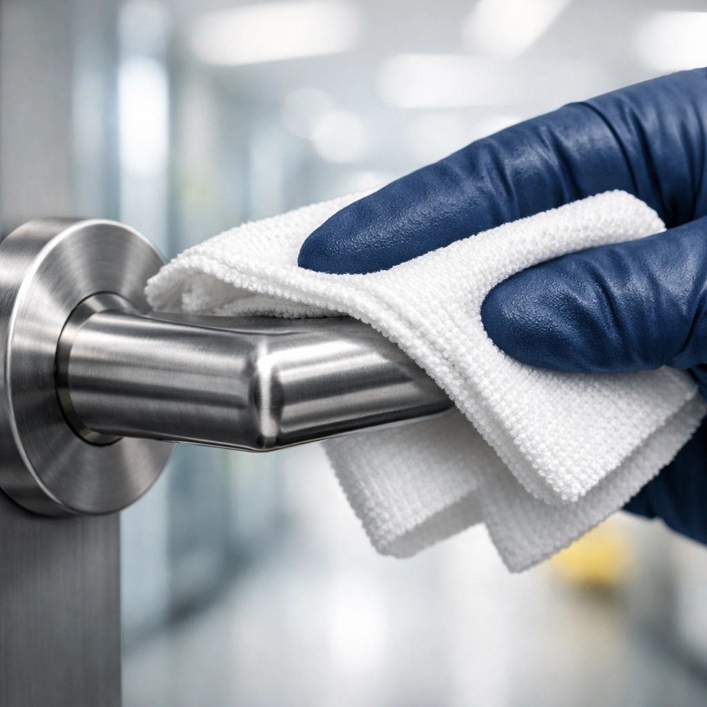 Professional cleaner disinfecting a high-touch door handle during an office cleaning Bedford service.