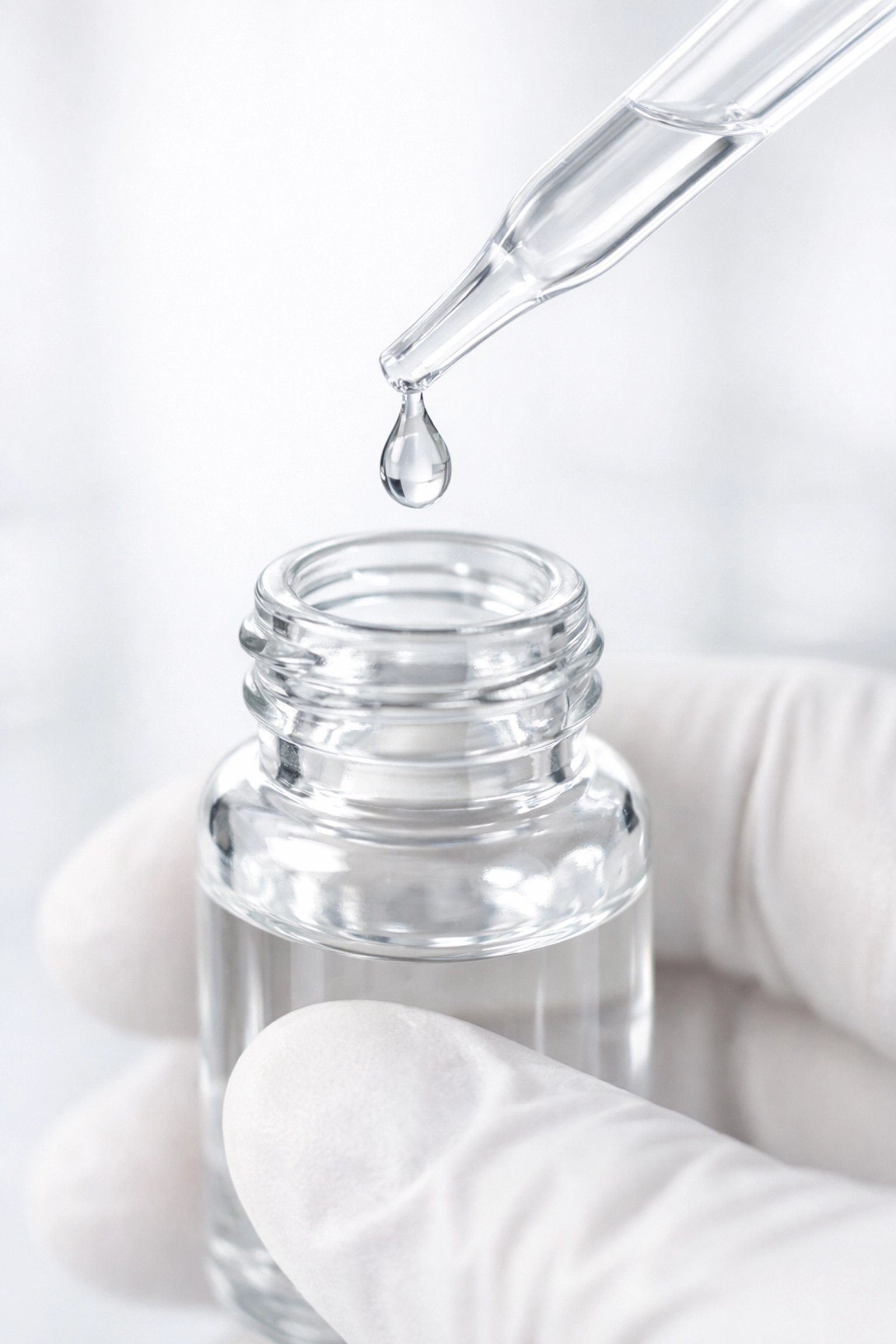 Close-up of sterile research peptide reconstitution using laboratory-grade techniques.