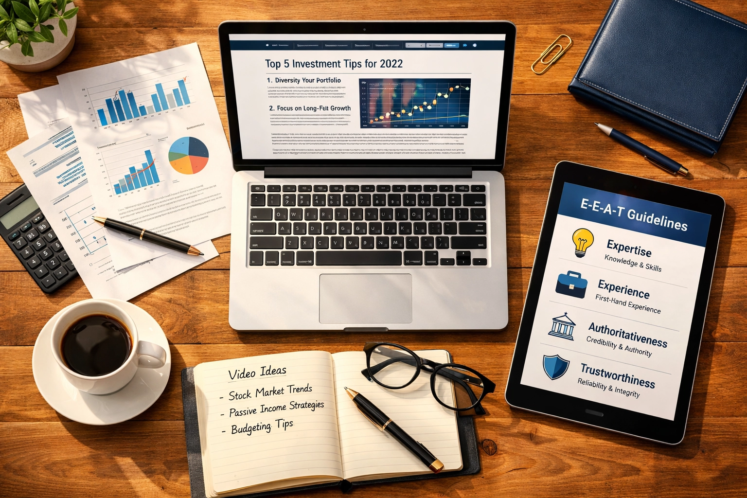 Espace de travail pour création de contenu financier et stratégie E-E-A-T