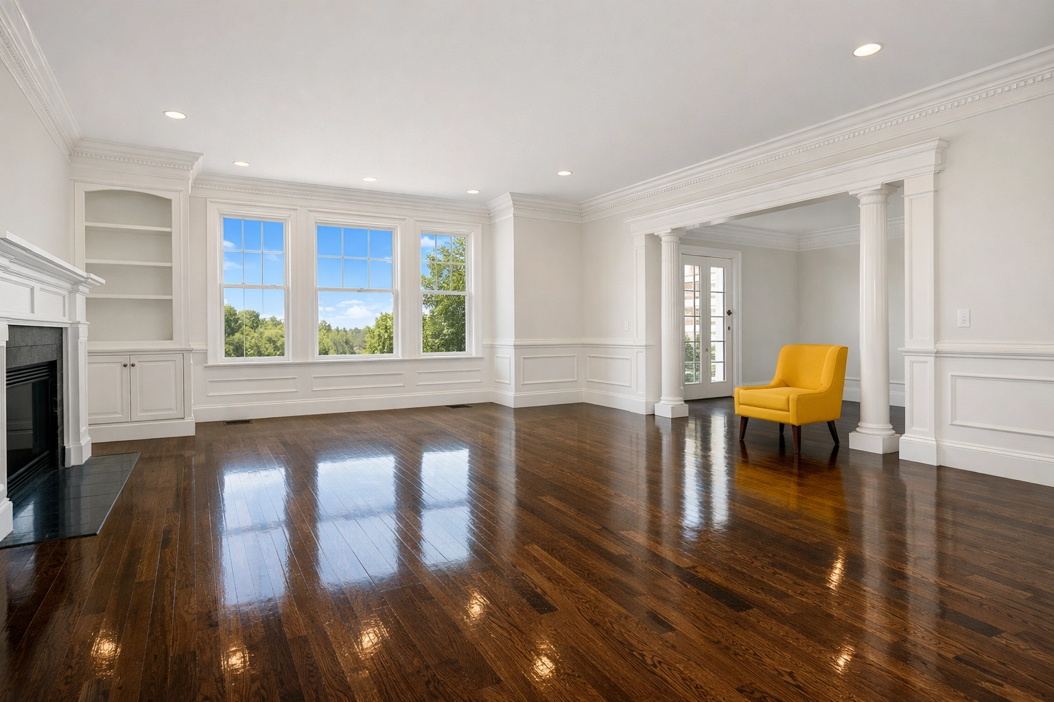 Professional cleaners Hopkinton MA delivering a spotless move-out clean in a historic living room.