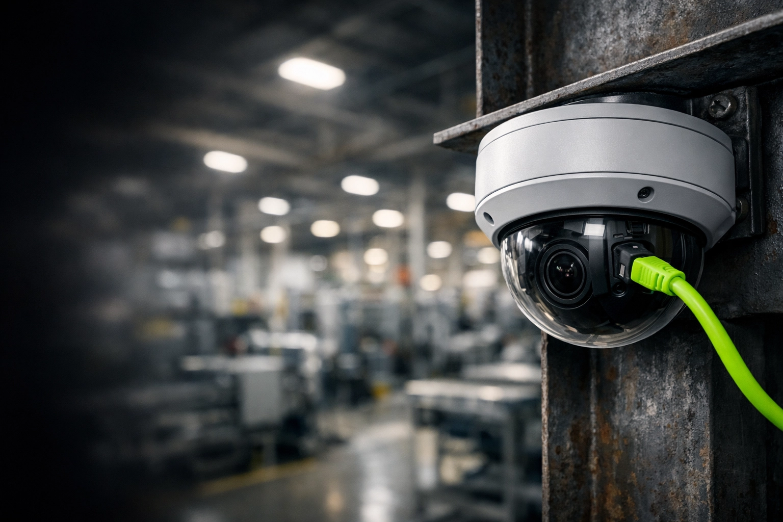 Professional enterprise dome security camera installed in a Midwest manufacturing plant.
