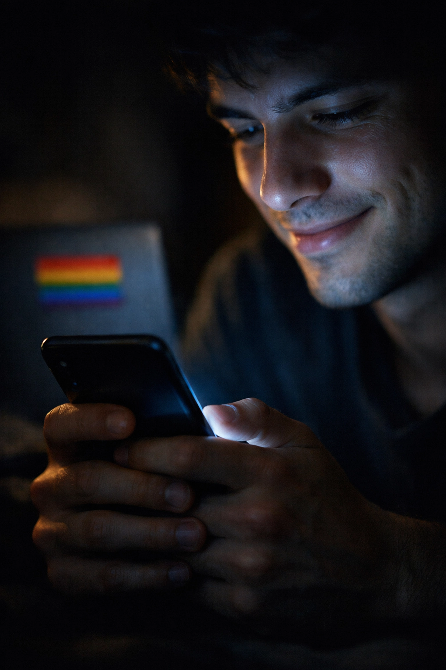 A young man finds community through his phone, symbolizing digital LGBTQ+ sanctuaries in Pakistan.