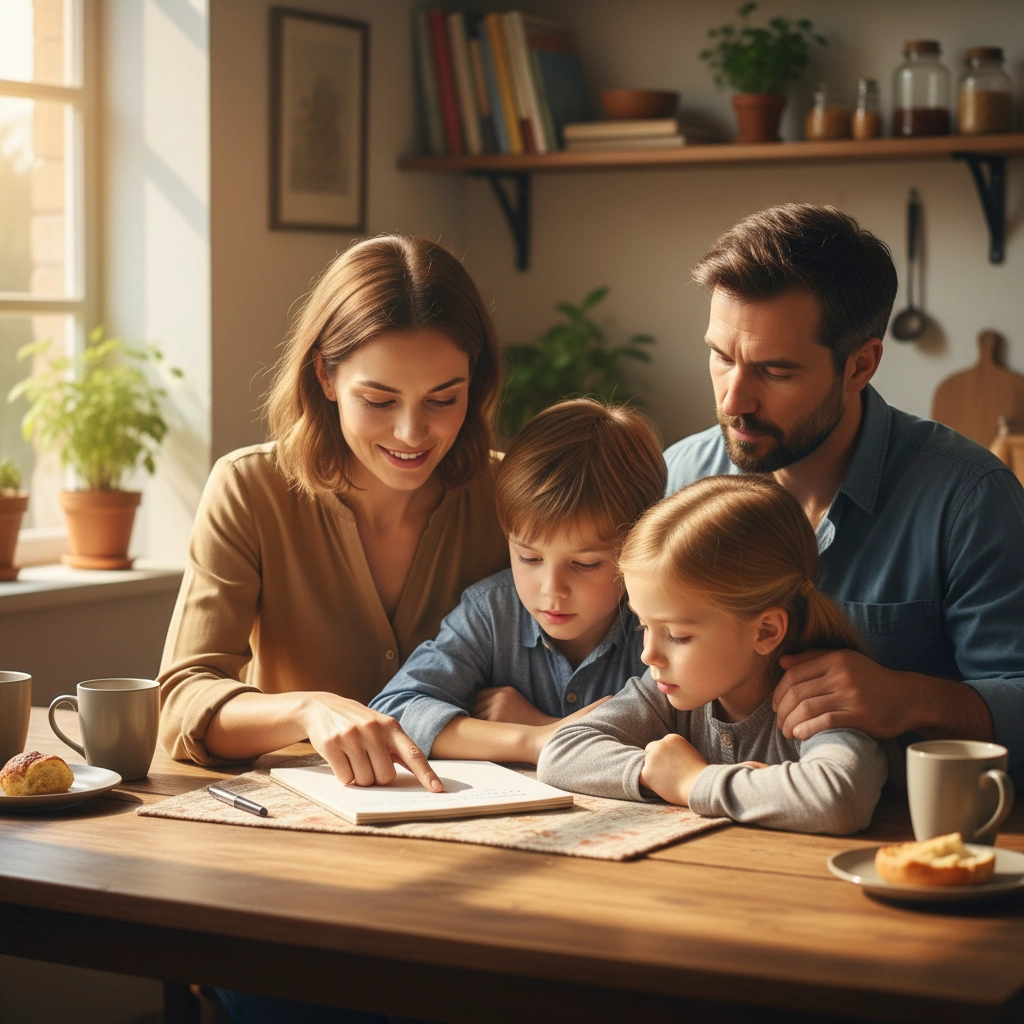 A picture of a family in their kitchen looking at a map. How to Create a Family Emergency Plan in 5 Minutes (Even with Crazy Schedules)