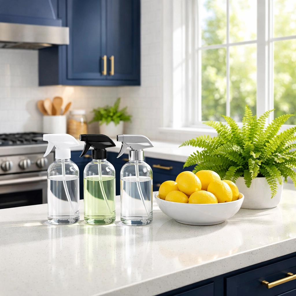 Eco-friendly kitchen cleaning services near me featuring sanitized white quartz and non-toxic products.