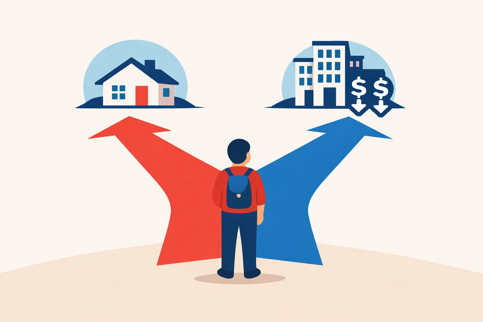 Person choosing between primary residence and investment property at decision crossroads