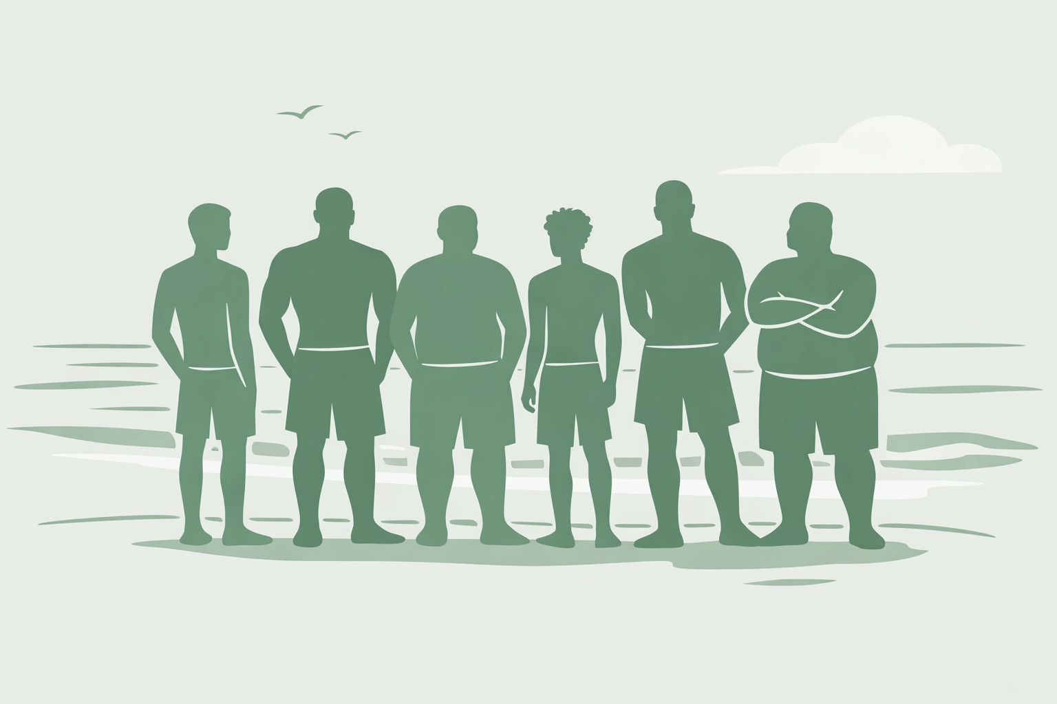 Diverse group of gay men celebrating all body types together on naturist beach shoreline