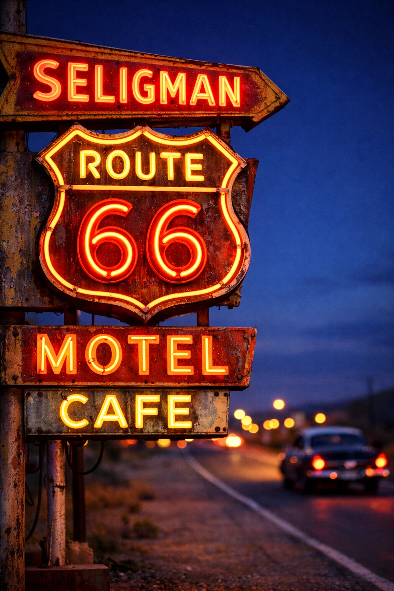 Glowing vintage neon sign on Route 66 in Arizona, a classic Americana photography location.