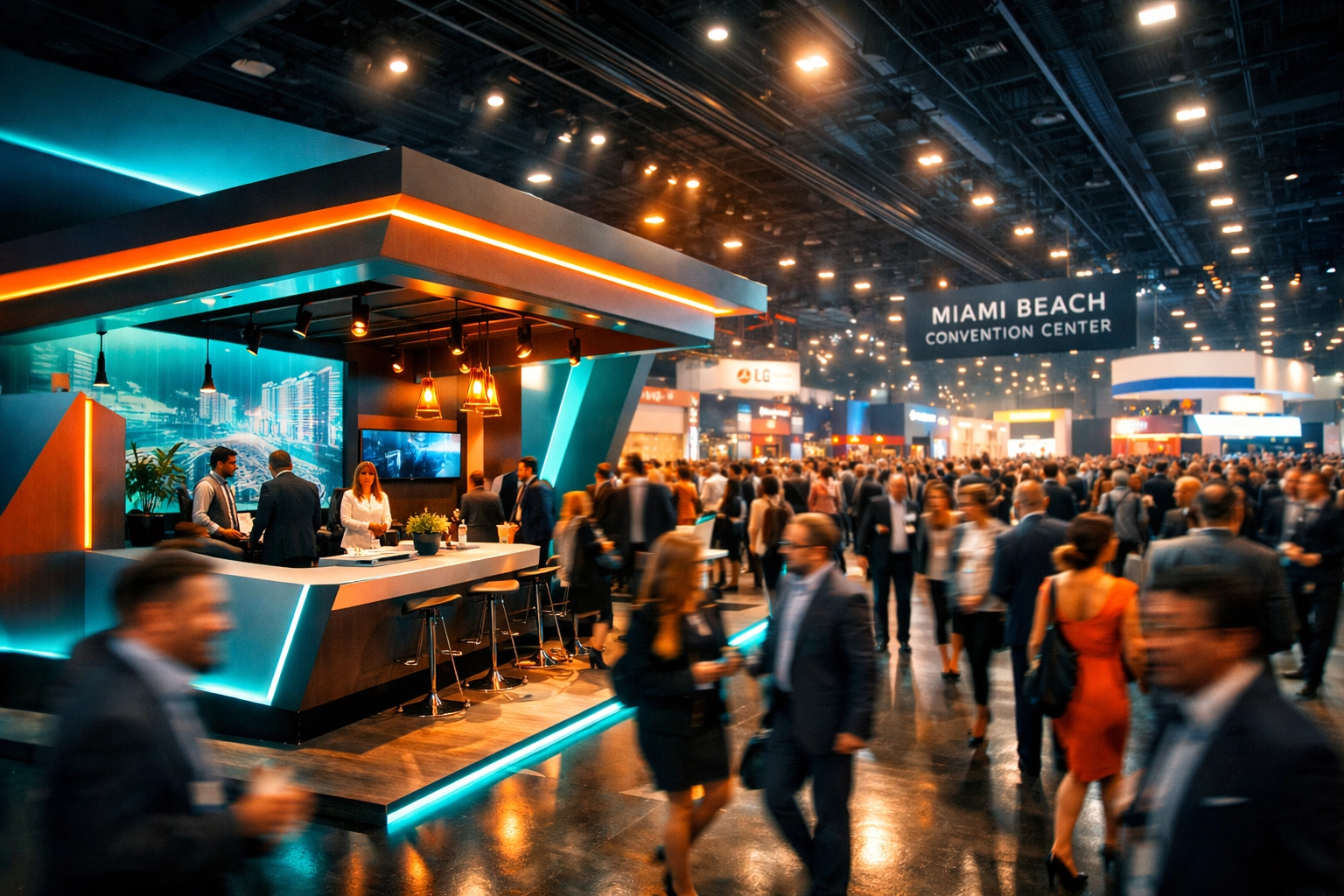 Trade show photographer Miami capturing a busy convention booth at the Miami Beach Convention Center.