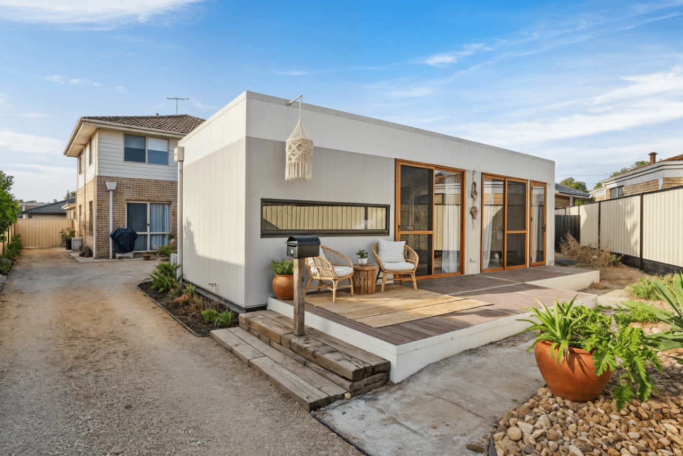 Modern EcoHub modular granny flat installed in suburban backyard