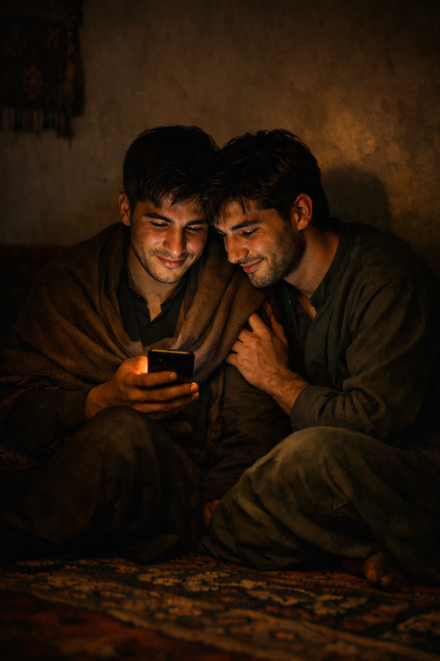 Two gay Afghan men hiding in a dimly lit room, illustrating the secret lives of LGBTQ people under the Taliban.