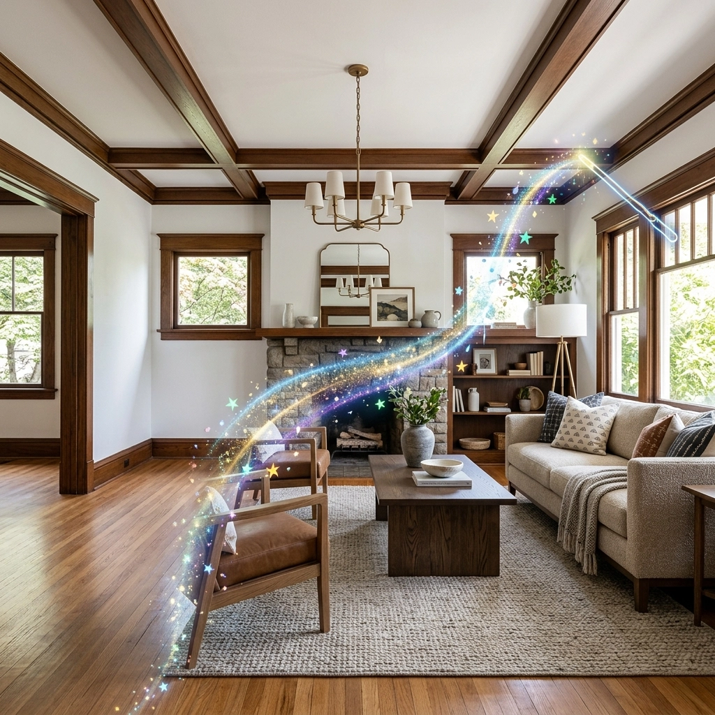 AI-powered virtual staging showing a transformation of a living area. AI-powered virtual staging showing a transformation of a living area.