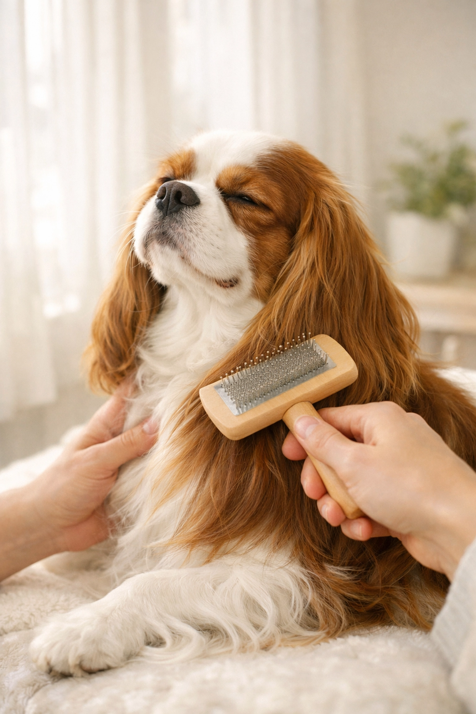 Gentle coat brushing for a Cavalier King Charles Spaniel, a key part of dog grooming in Tampa between visits.