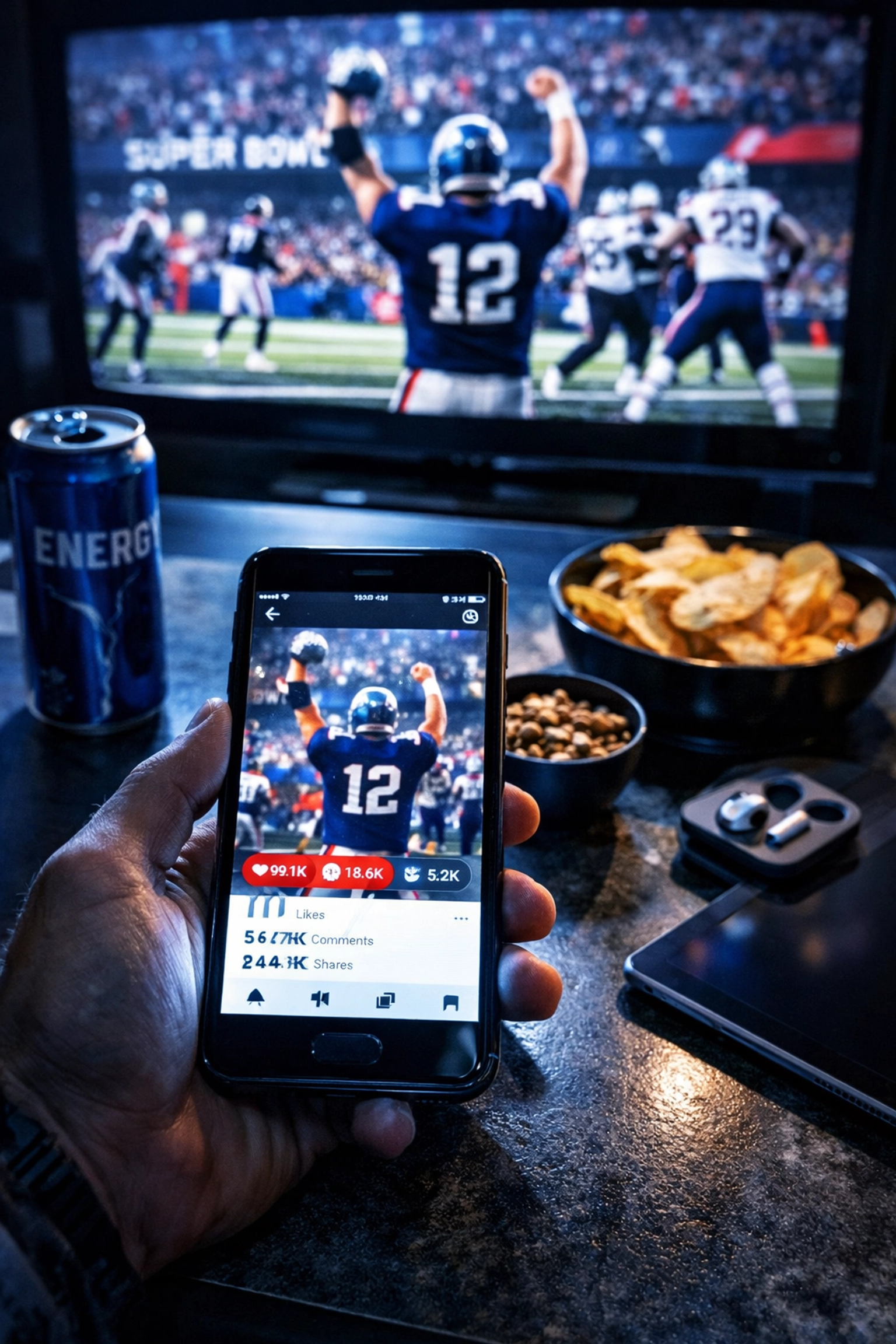 Multi-platform Super Bowl viewing experience with viral athlete post generating social media engagement