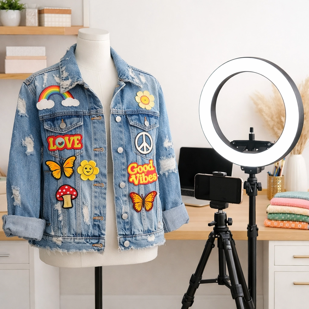 A professional reseller setup for photographing vintage denim to sell on eBay and Etsy.