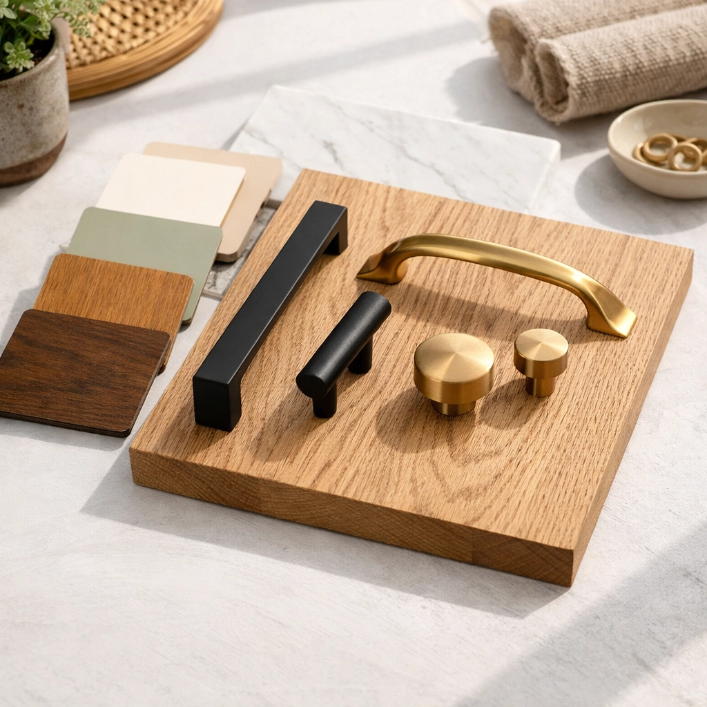 Modern custom kitchen cabinet hardware and wood finish swatches for a successful Minnesota renovation.