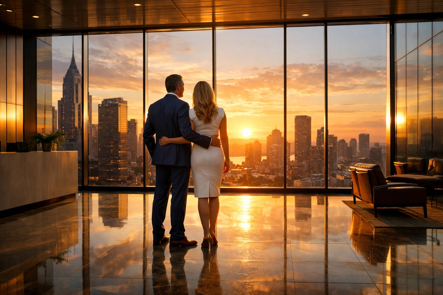 Successful couple overlooking a city skyline, symbolizing business growth and tax savings.