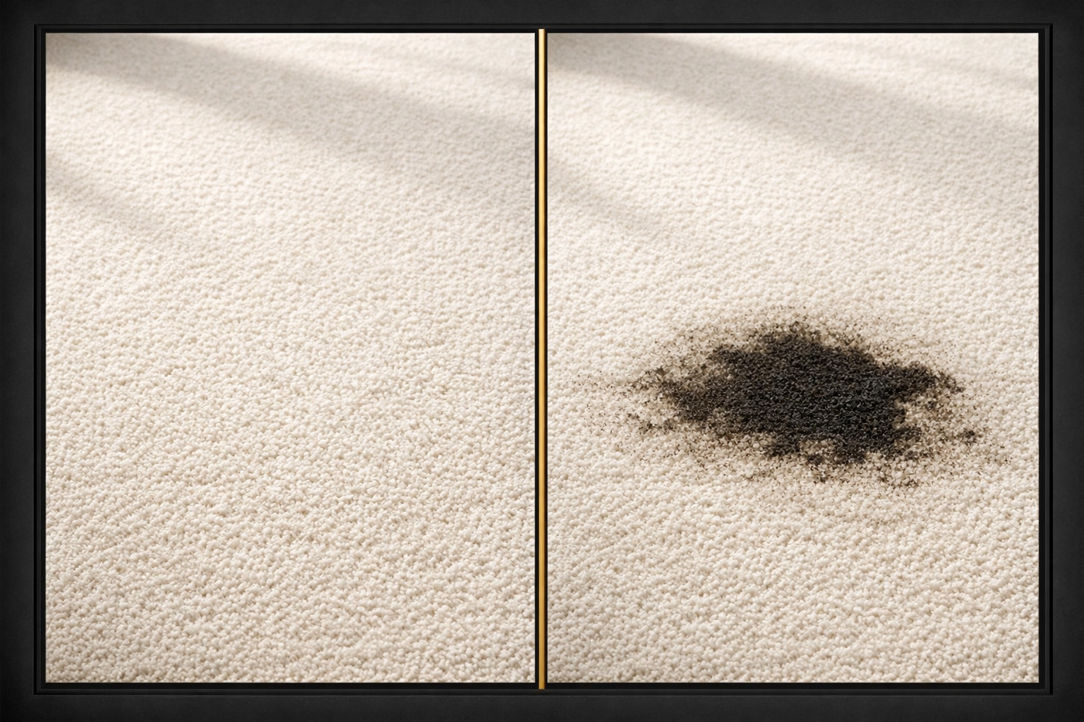 Before and after carpet comparison showing pristine condition versus stain damage for property inventory