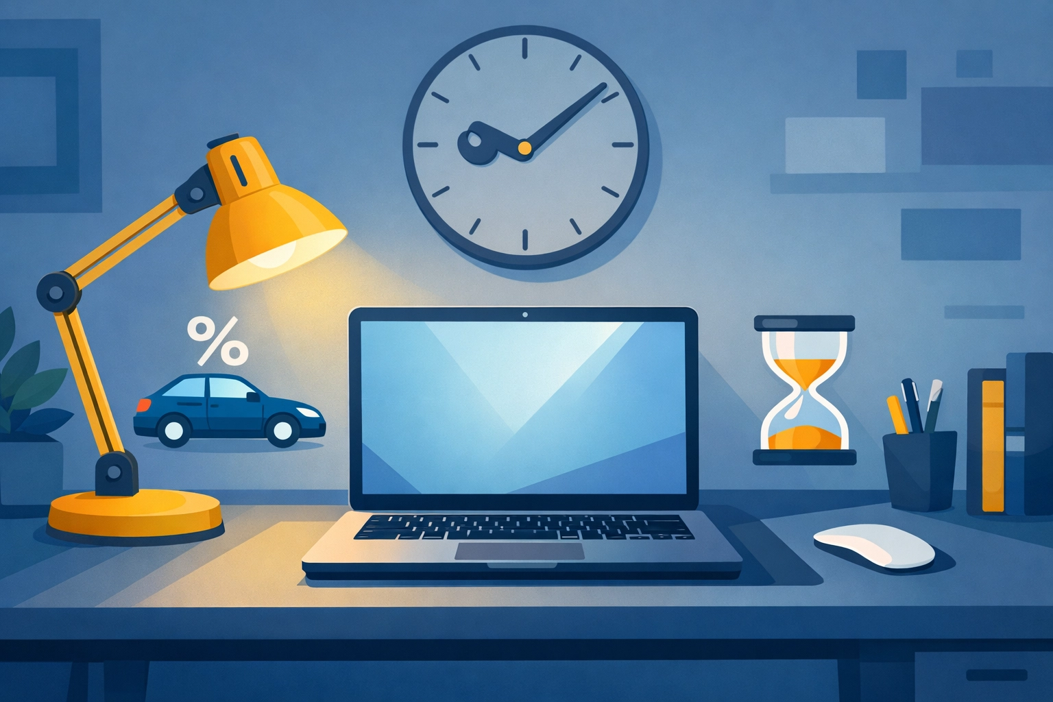 Home office illustration featuring remote worker deductions for car loan interest and overtime pay.
