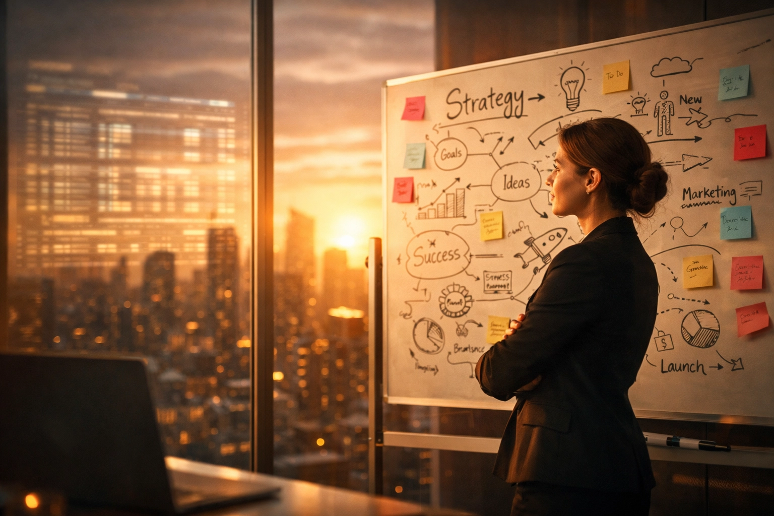 Business leader focusing on creative strategy while background AI automation handles repetitive back-office tasks.