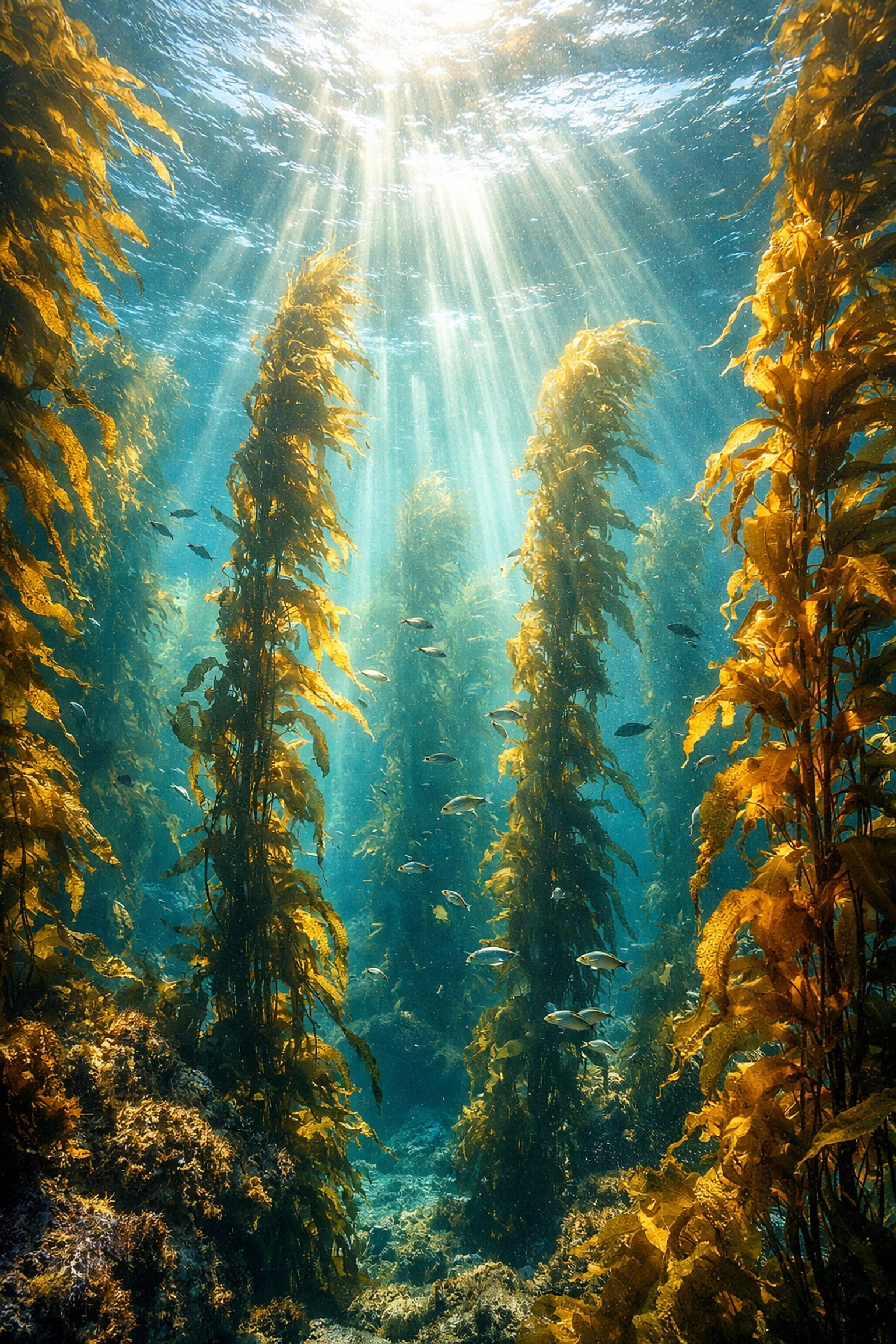 Underwater kelp forest habitat showing marine biodiversity and seaweed ecosystem