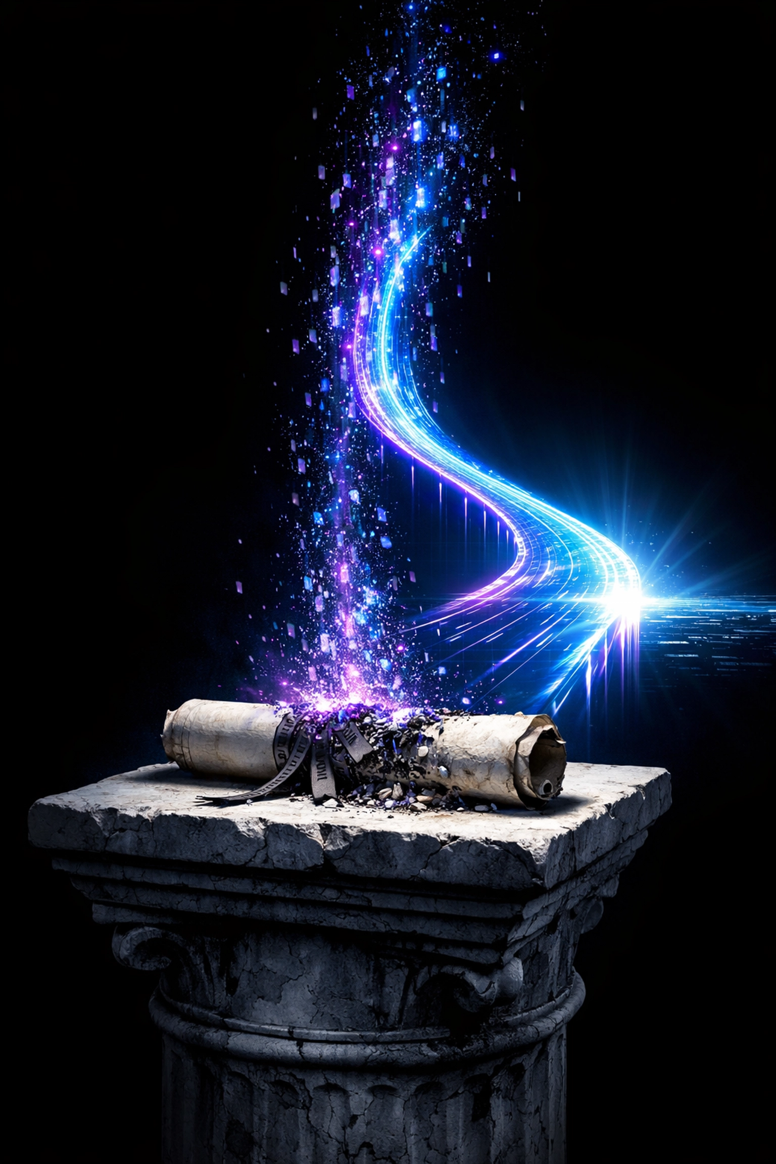 A traditional diploma dissolving into digital data bits, symbolizing the shift toward AI-driven industry readiness.