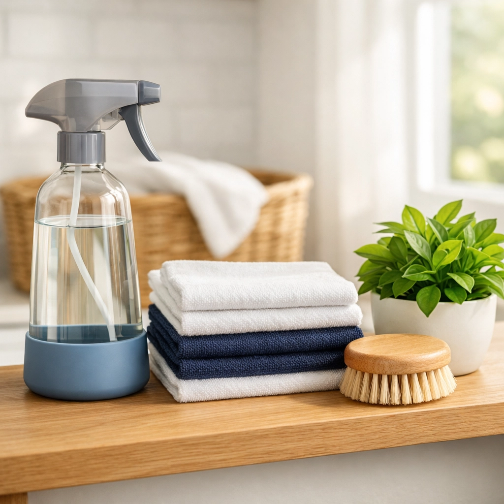Eco-friendly cleaning supplies on a shelf, ensuring safe and affordable bi-weekly house cleaning costs in Leominster.
