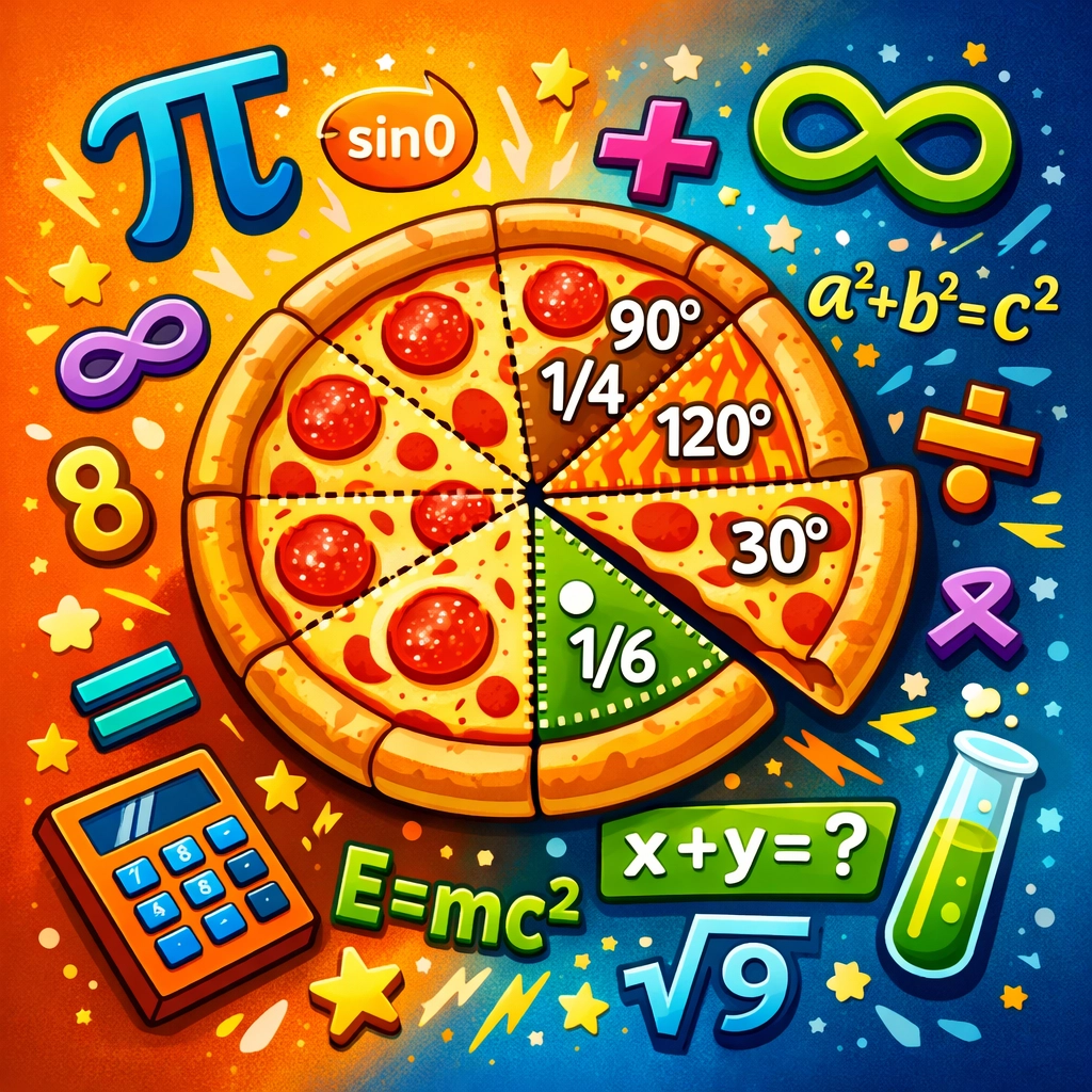 Pizza slice with geometric math symbols combining pizza and pi puns for funny t-shirts