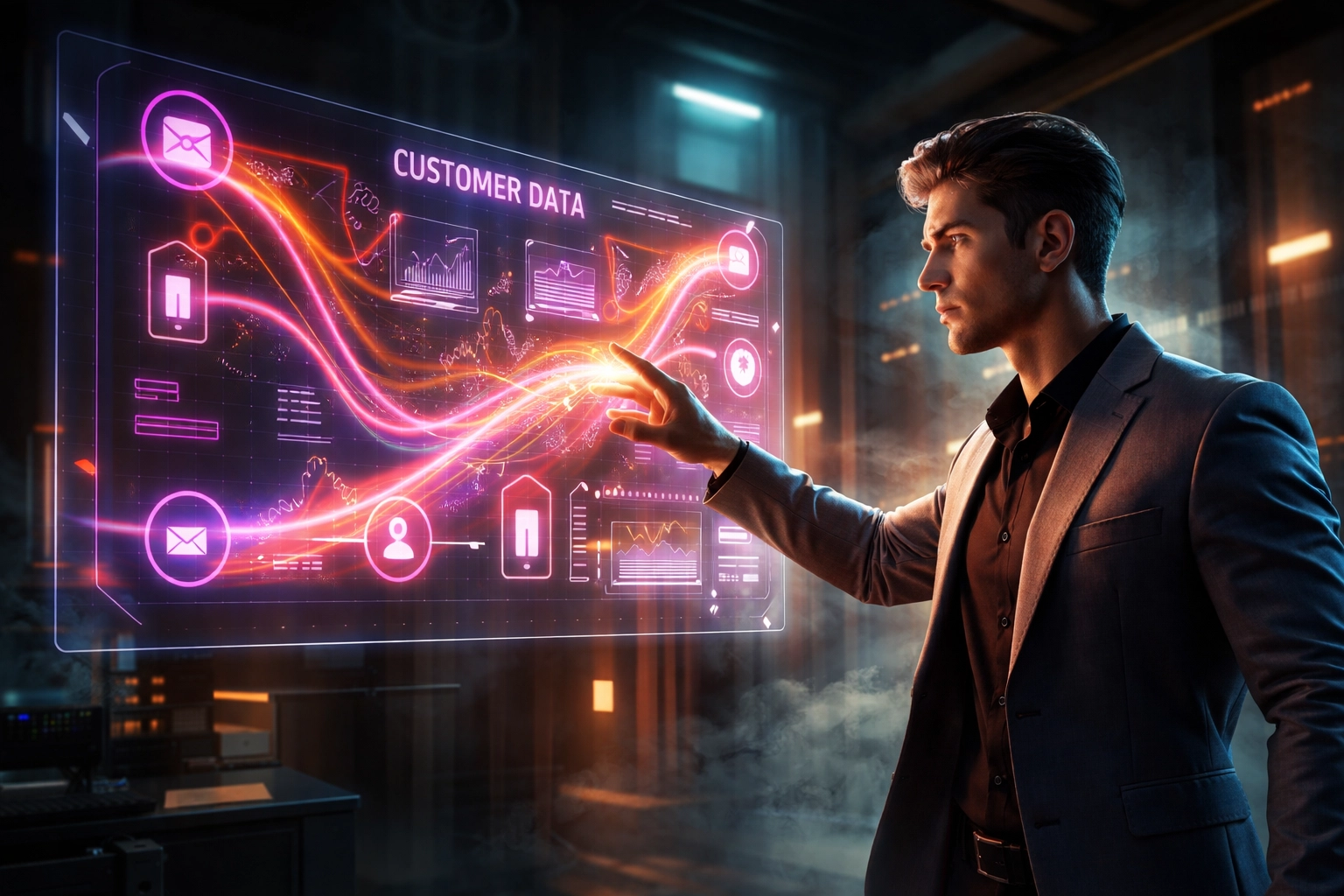 Business professional analyzing a dynamic holographic data dashboard representing real-time customer analytics in a control room