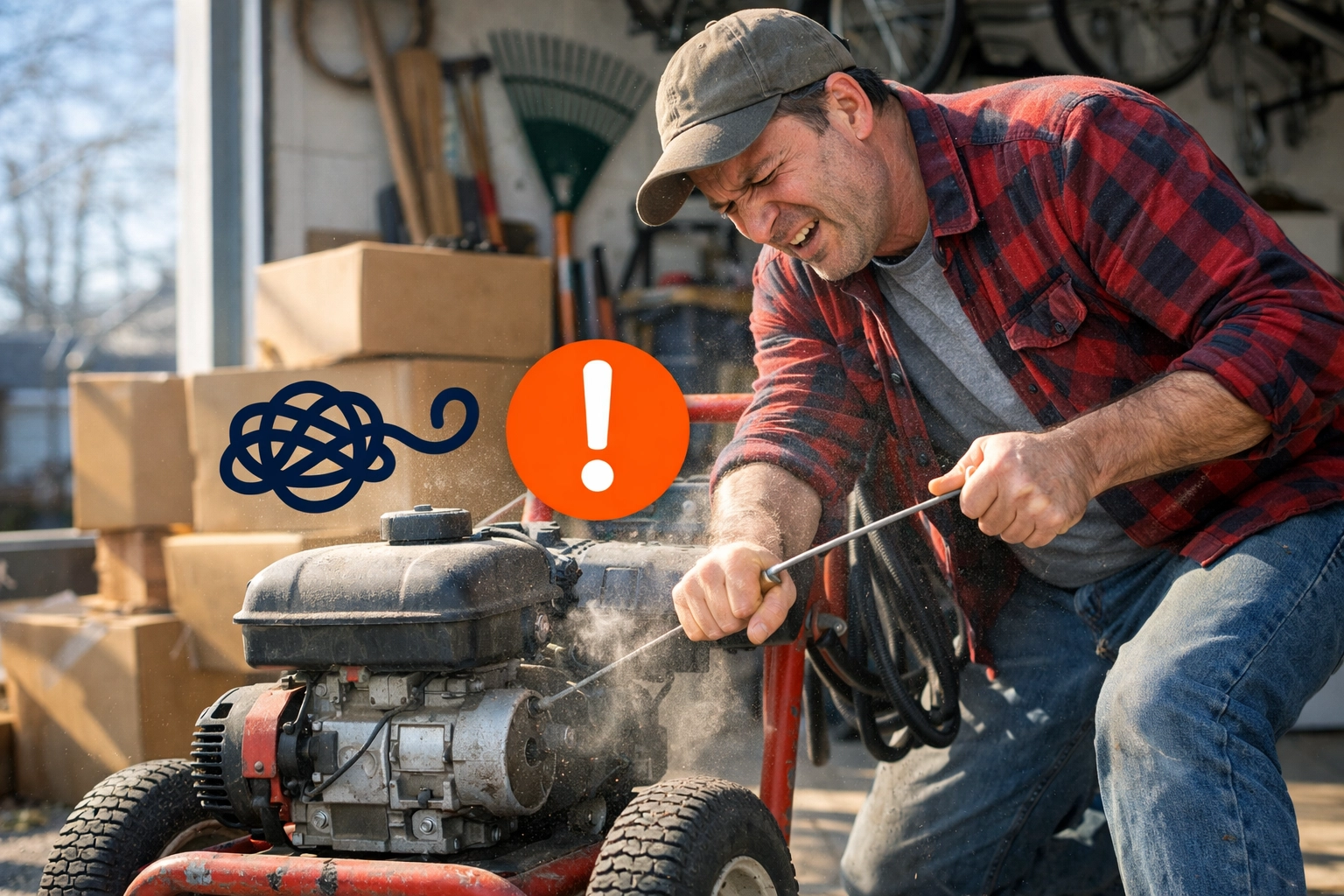 Frustrated homeowner struggling with a dusty, broken gas pressure washer in a cluttered Woburn garage.