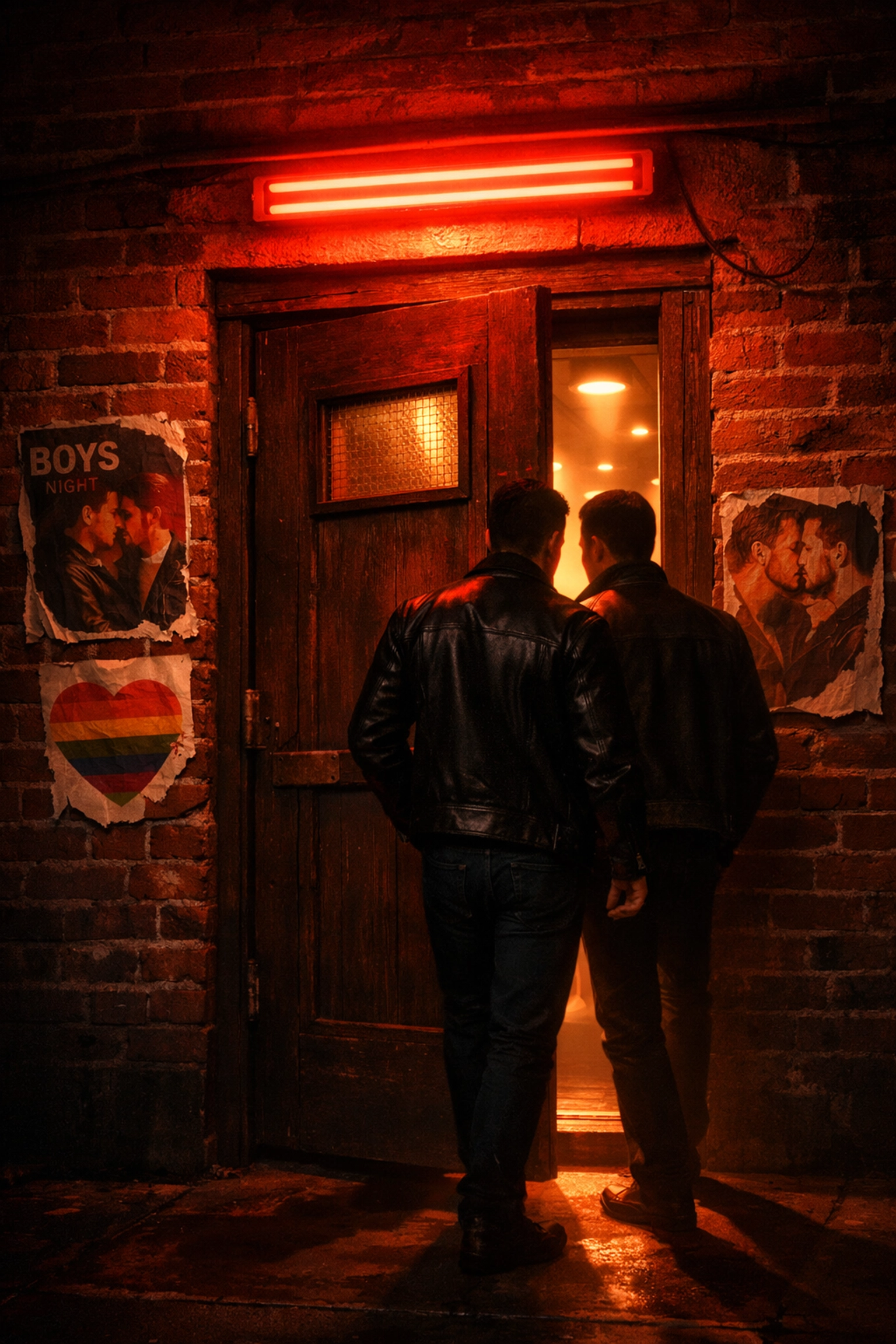 Entrance to 1960s underground gay cruise bar with neon lighting and men entering doorway
