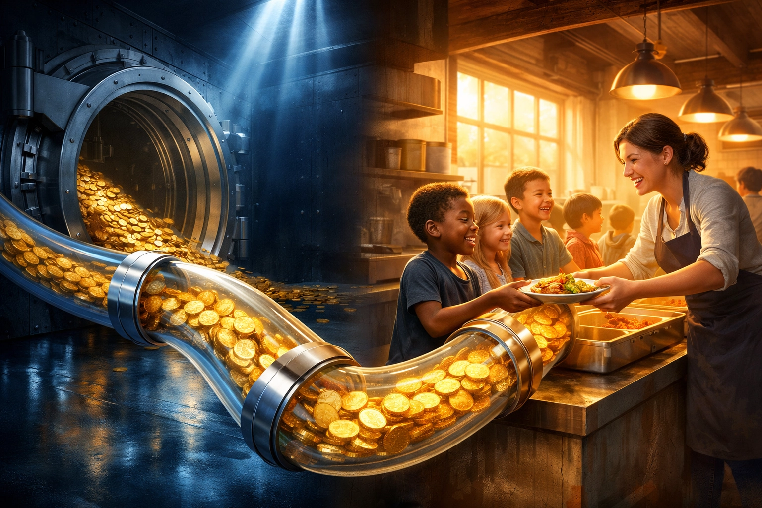 Crypto transaction pipeline splitting between traditional banking and feeding hungry children with blockchain