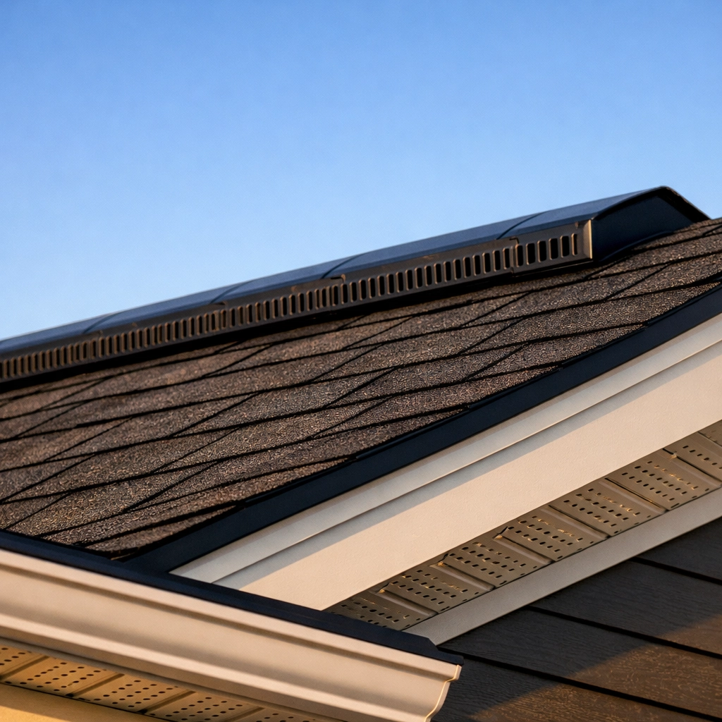 Ridge vents and soffit vents installed on residential roof for proper ventilation