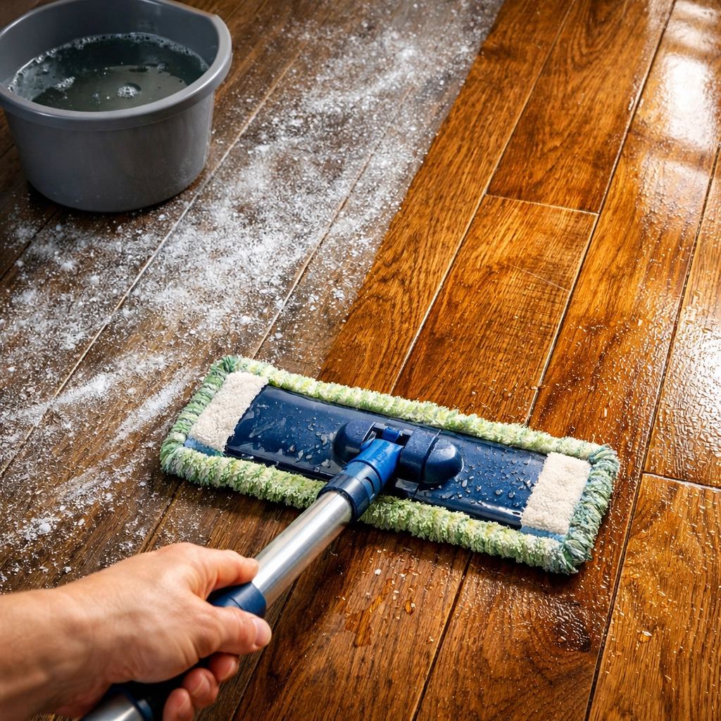Microfiber mop removing winter salt residue from hardwood floors with visible cleaning results
