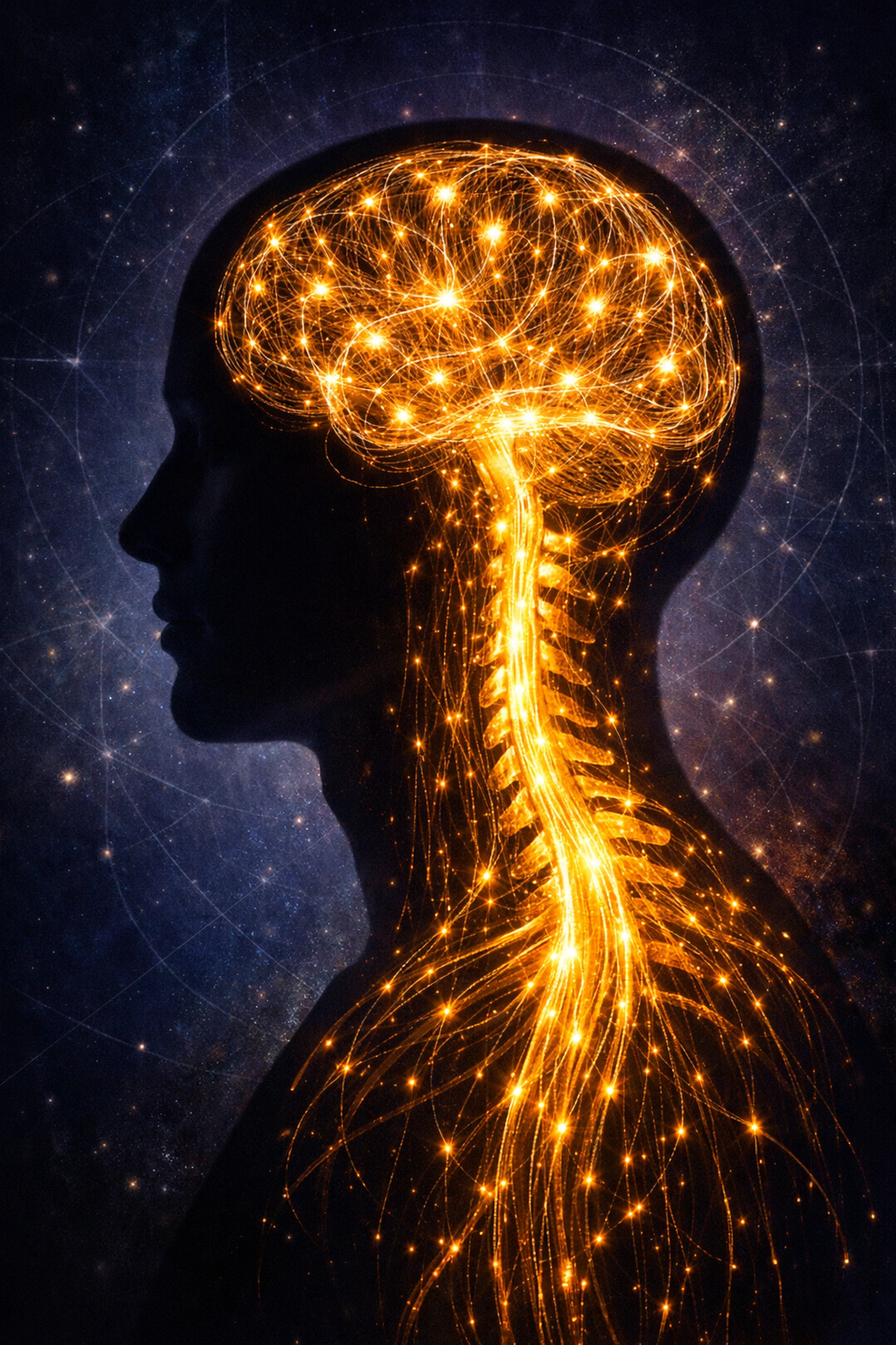 Glowing gold human spinal column and brain representing biological hardware for nervous system regulation.
