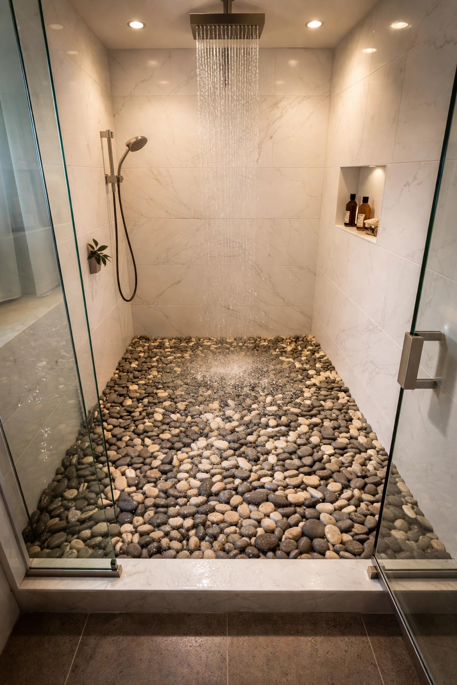 Luxurious walk-in shower with natural river pebble tile flooring in an Orlando bathroom renovation