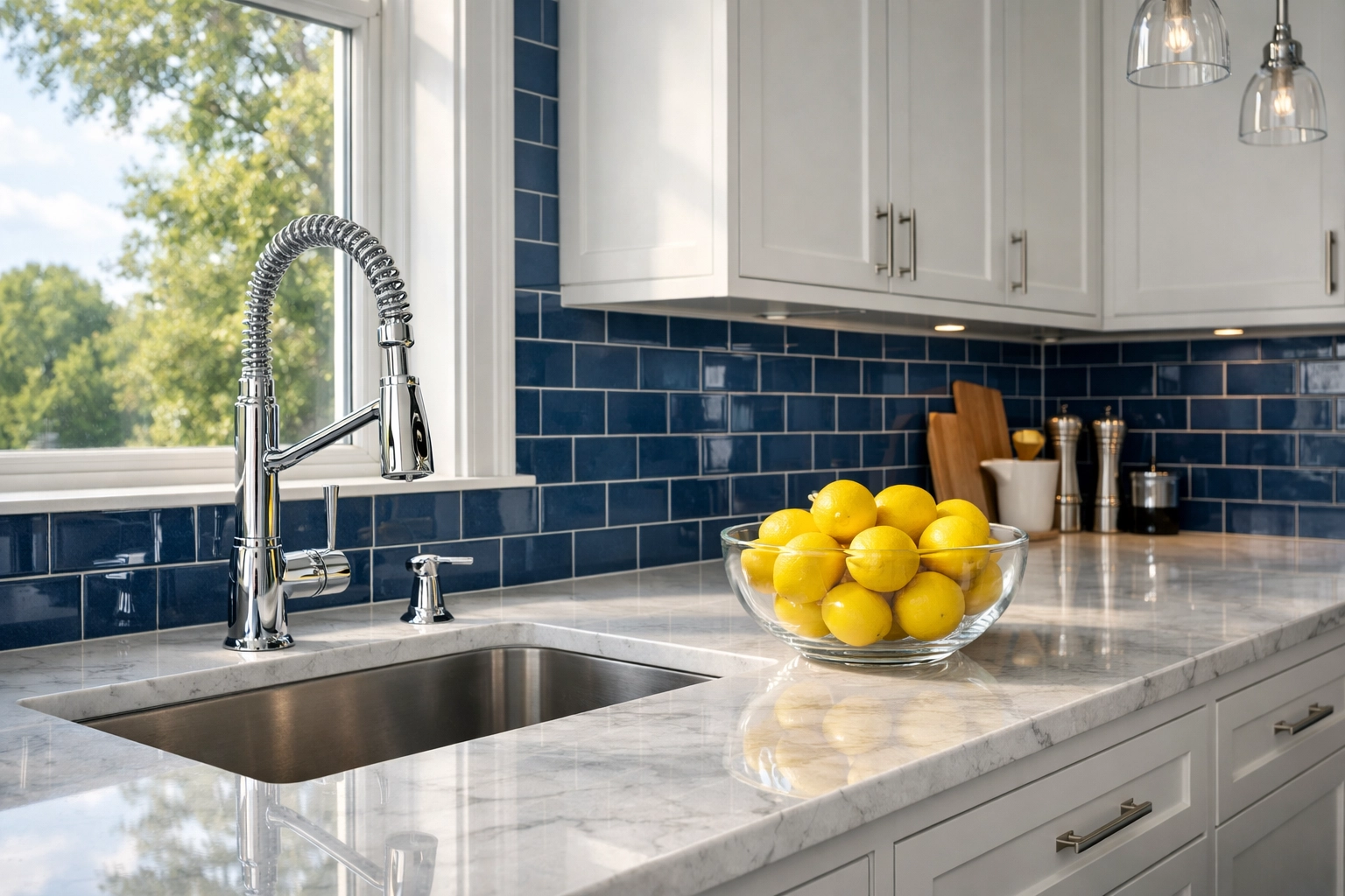 Deep cleaning in a Natick MA kitchen with sanitized white marble surfaces and blue tiled backsplash.