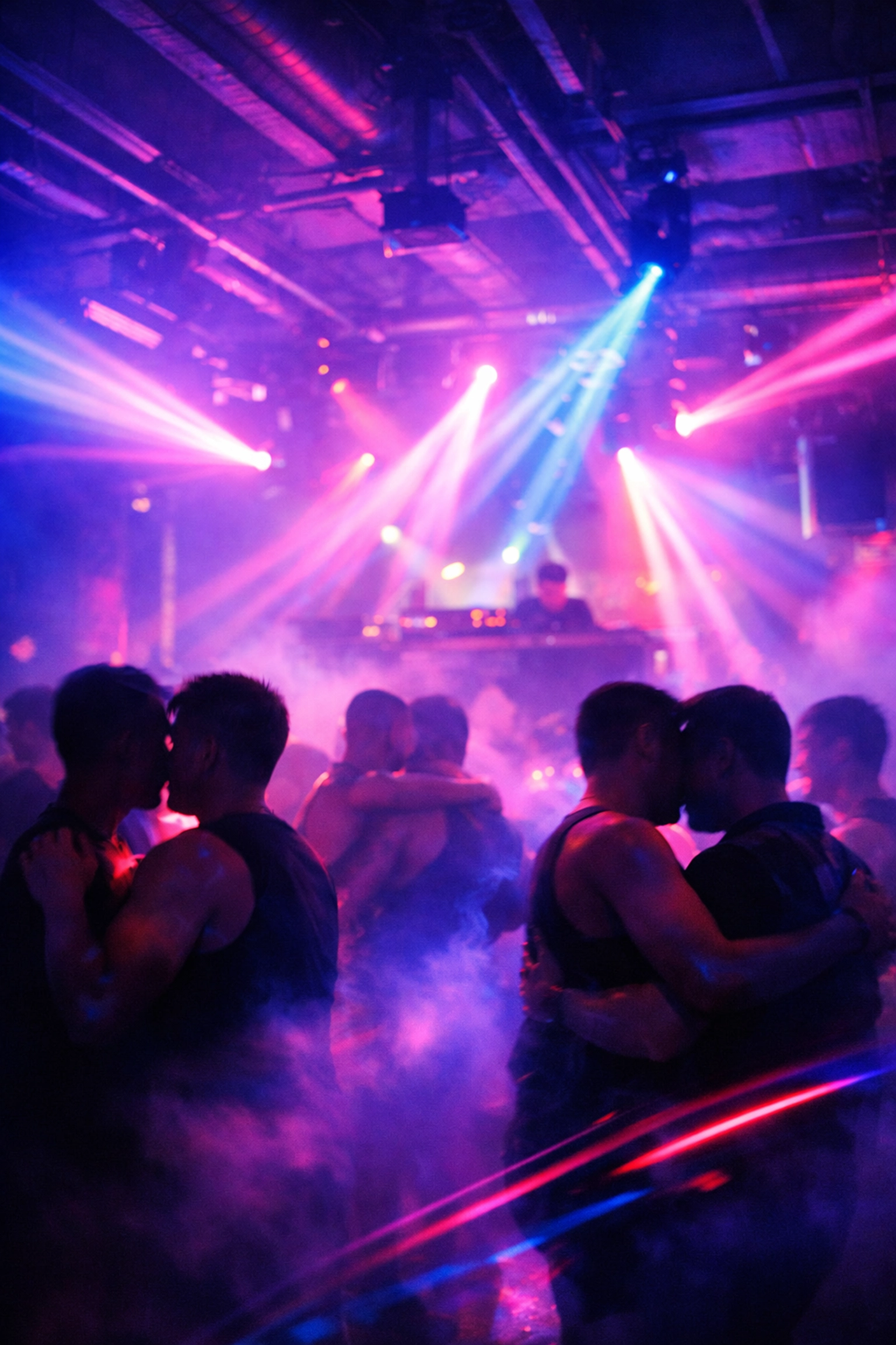 LGBTQ+ clubbers at Bangkok techno party with LED lights during Valentine's weekend