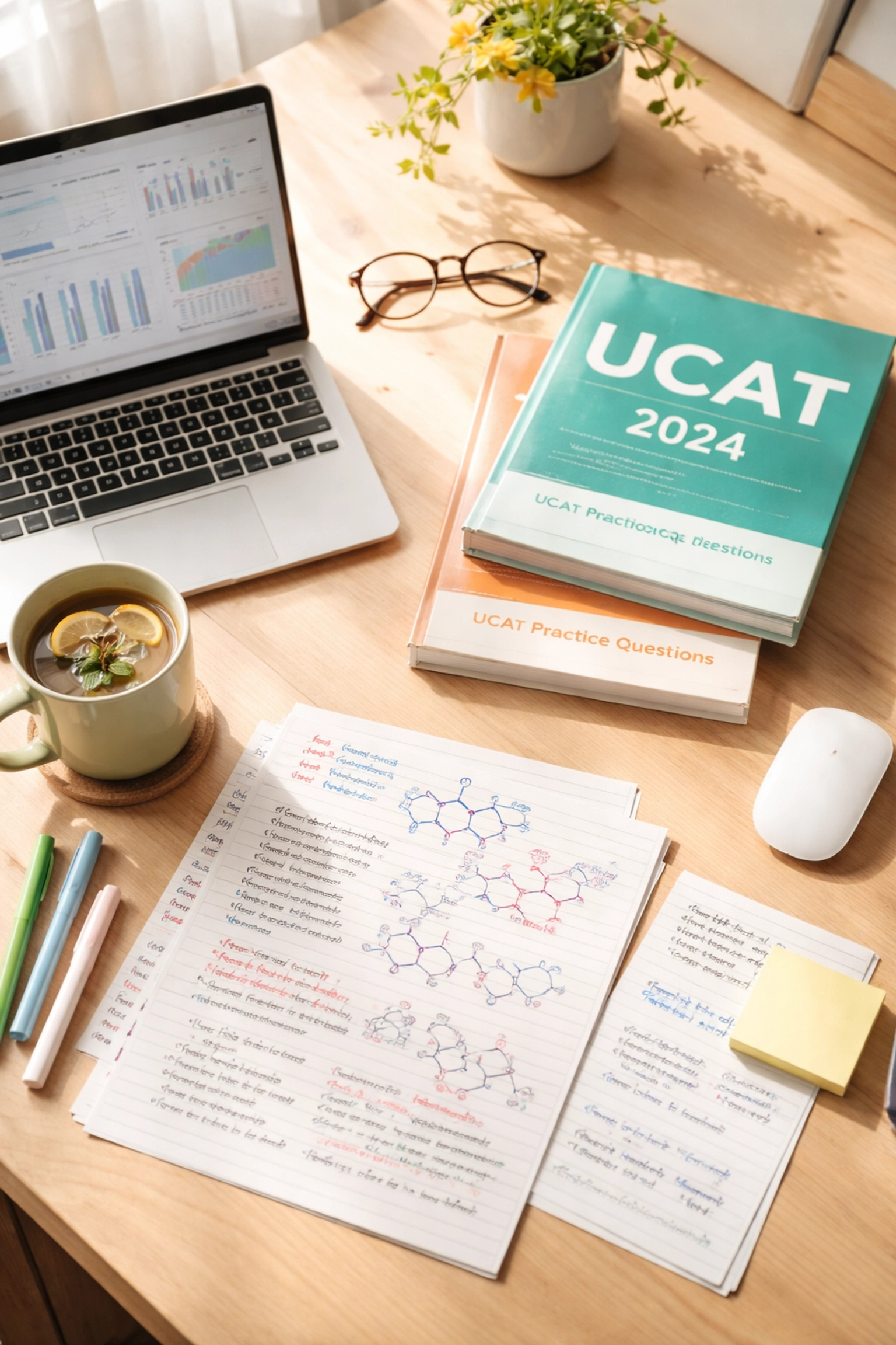 Overhead view of a study desk with UCAT prep books, chemistry notes, and a laptop for medical school applications
