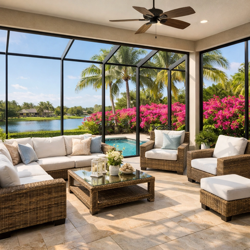 A clean, pest-free screened-in lanai in Southwest Florida with comfortable furniture and tropical plants.