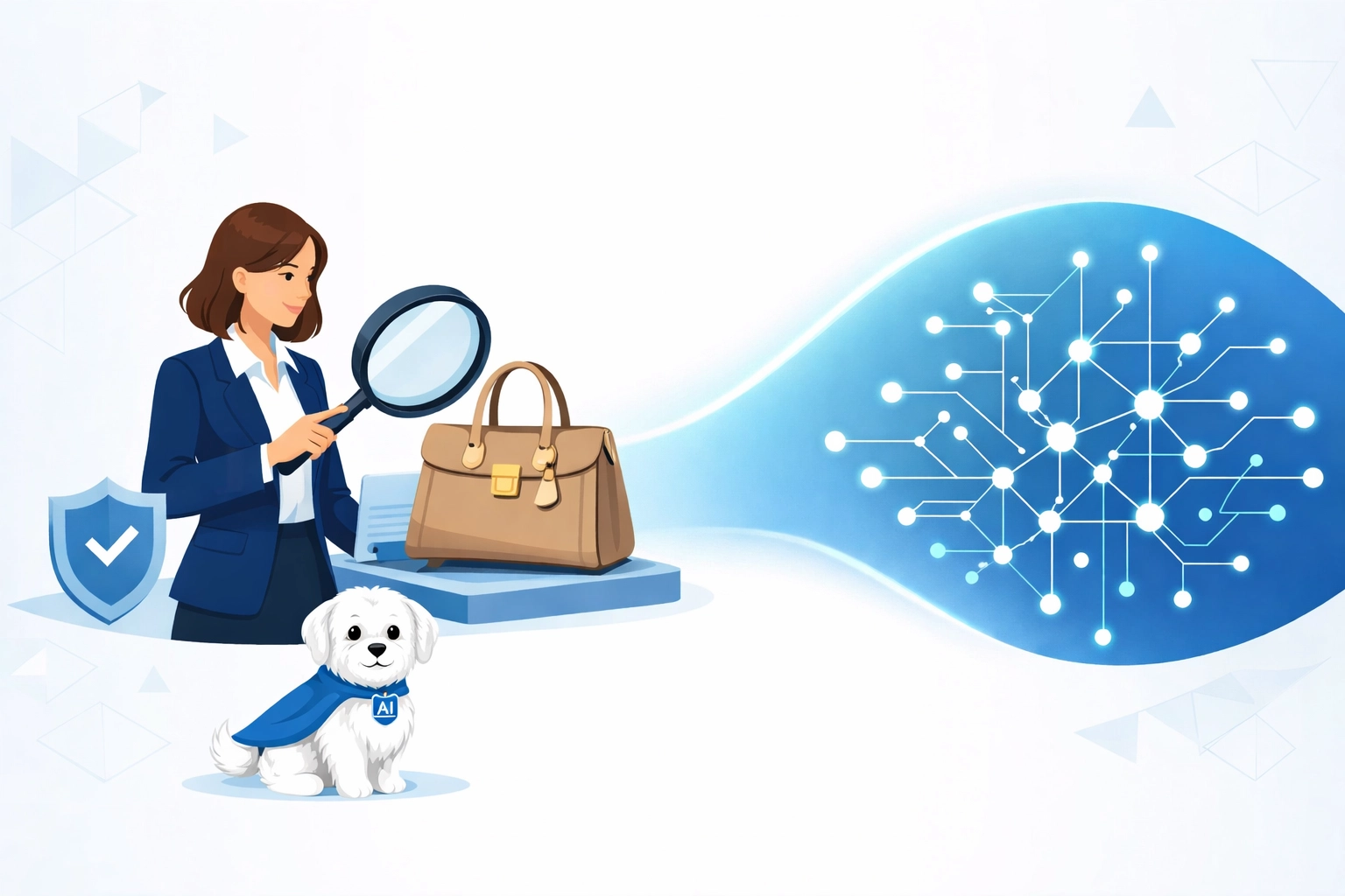 A human expert verifying luxury handbag authenticity with a magnifying glass and Daisy AI.