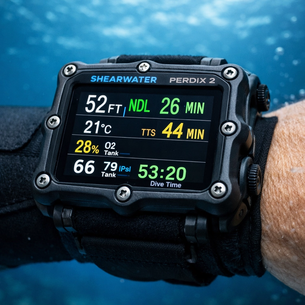Shearwater Perdix 2 am Handgelenk eines Tauchers unter Wasser mit gut lesbarem LCD-Display