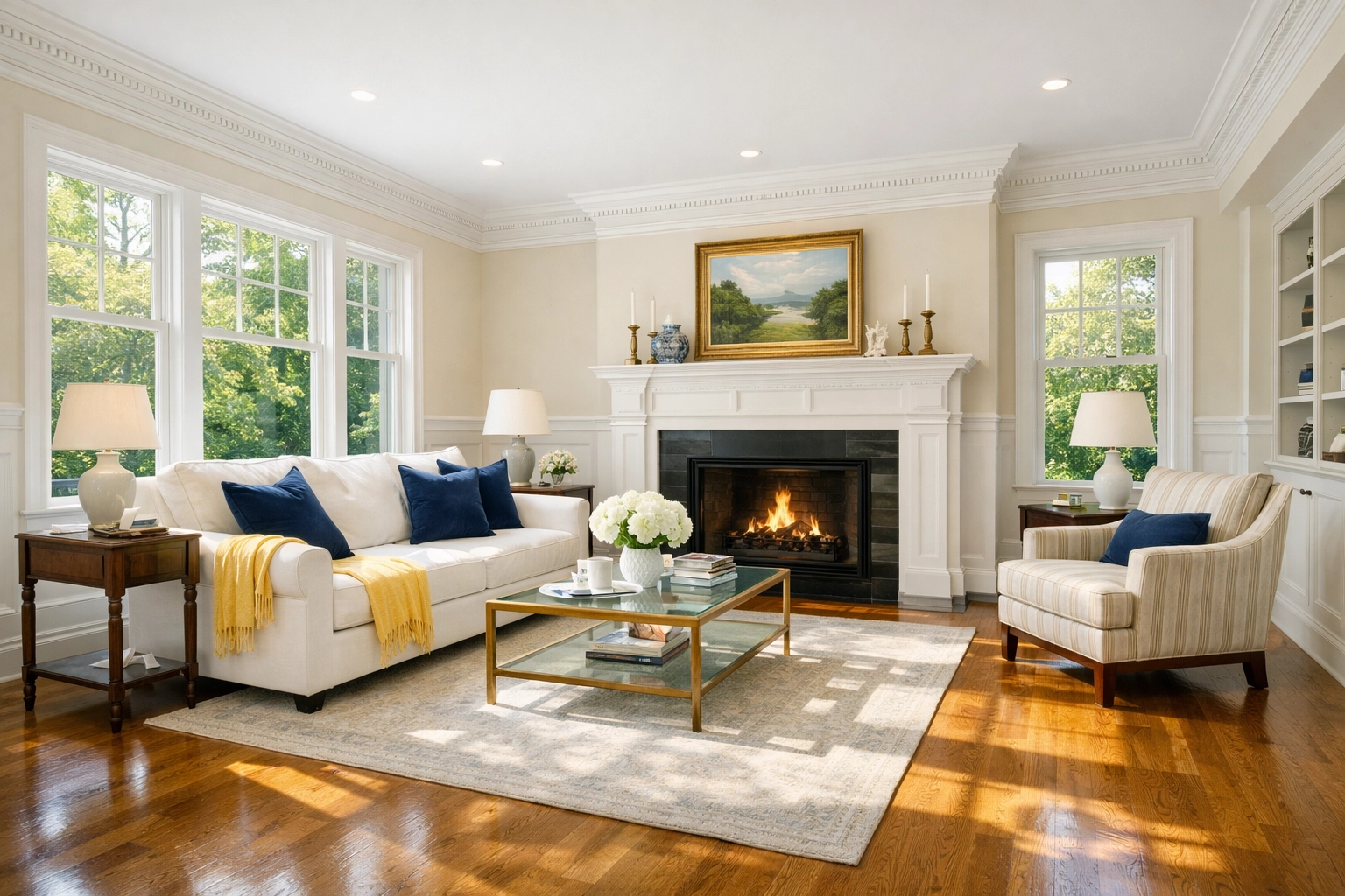 Immaculate Lexington living room with clean hardwood floors, maintained by professional cleaners Lexington MA.